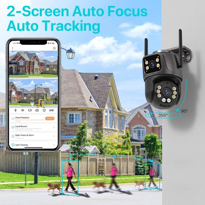 4K 8MP HD Wifi PTZ Camera Outdoor 4MP Dual Lens Dual Screen AI Auto Tracking IP Camera CCTV Audio Video Surveillance P2P iCSee - Laranja e Tangerina