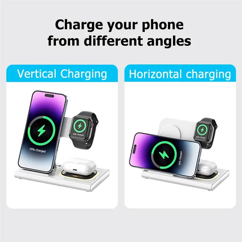 3 in 1 Wireless Charger Stand Pad For iPhone 15 14 13 12 Samsung S23 S22 Galaxy Watch 5 4 Active Buds Fast Charging Dock Station - Laranja e Tangerina