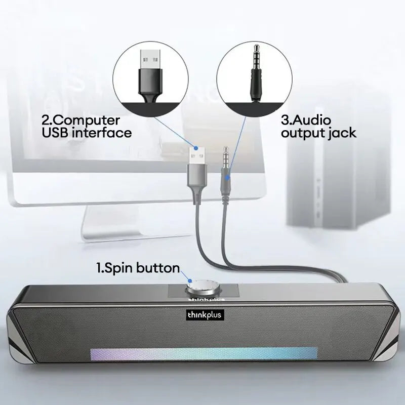 Original Lenovo TS33 Wired and Bluetooth 5.0 Speaker 360 Home Movie Surround Sound Bar Audio Speaker For Desk Computer Subwoofer - Laranja e Tangerina