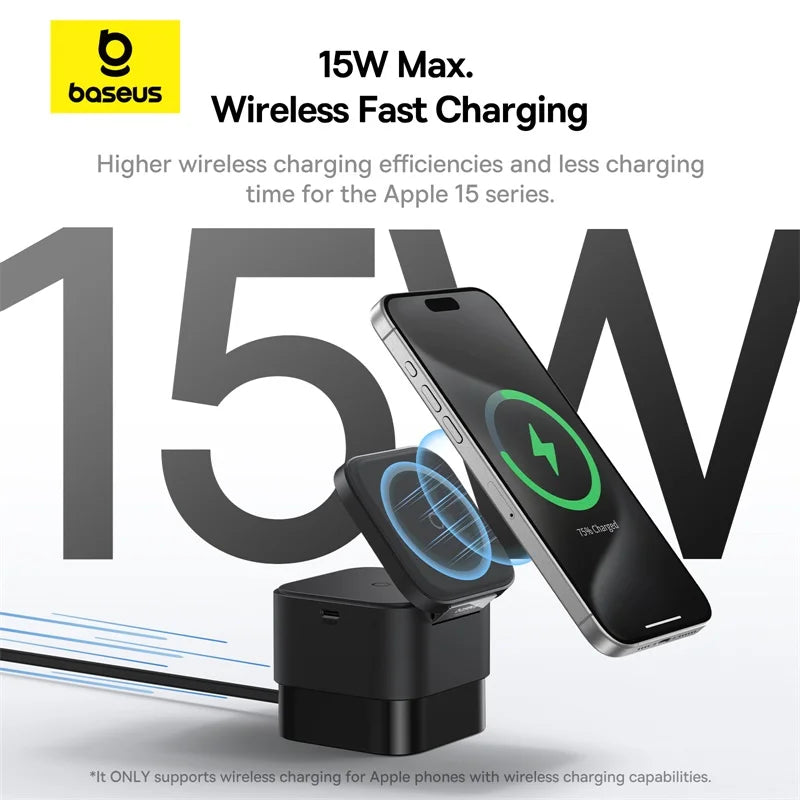 Baseus 25W 2 in 1 Magnetic Wireless Charger Stand 15W Fast Charging Dock Station With Retractable Cable For iPhone15 14 Airpod - Laranja e Tangerina