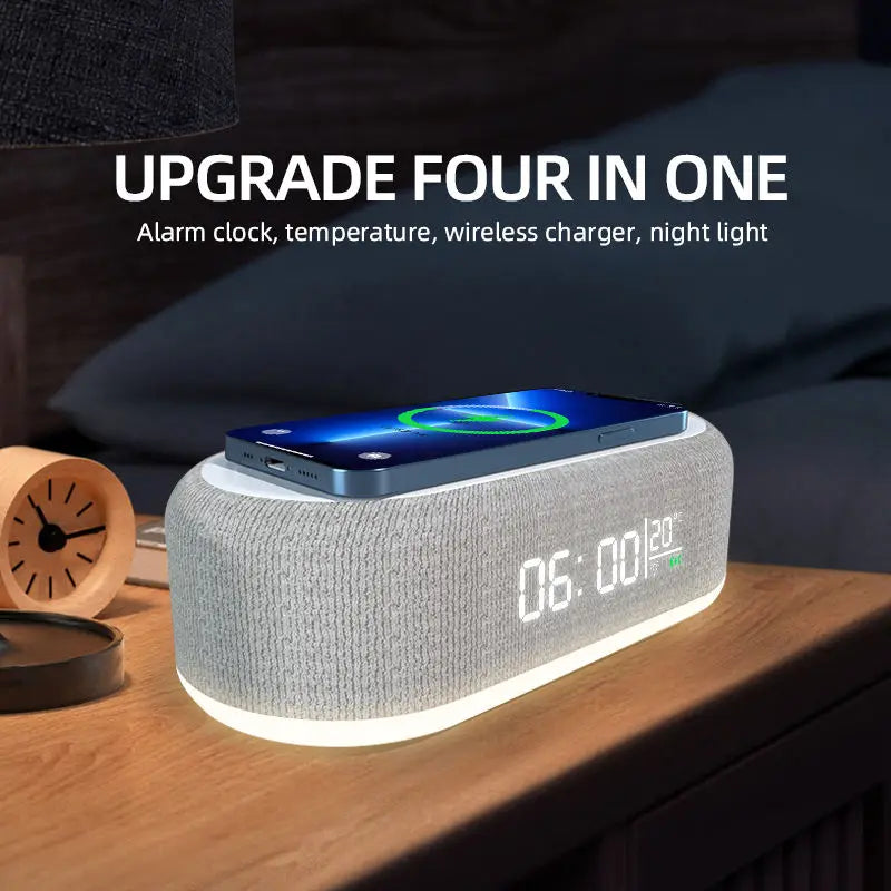 Wireless Charger Alarm Clock Time LED Light Thermometer Earphone Phone Charger 15W Fast Charging Dock Station for iPhone Samsung - Laranja e Tangerina