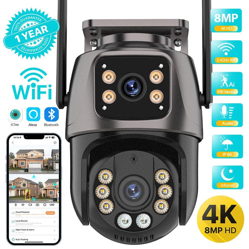 4K 8MP HD Wifi PTZ Camera Outdoor 4MP Dual Lens Dual Screen AI Auto Tracking IP Camera CCTV Audio Video Surveillance P2P iCSee - Laranja e Tangerina