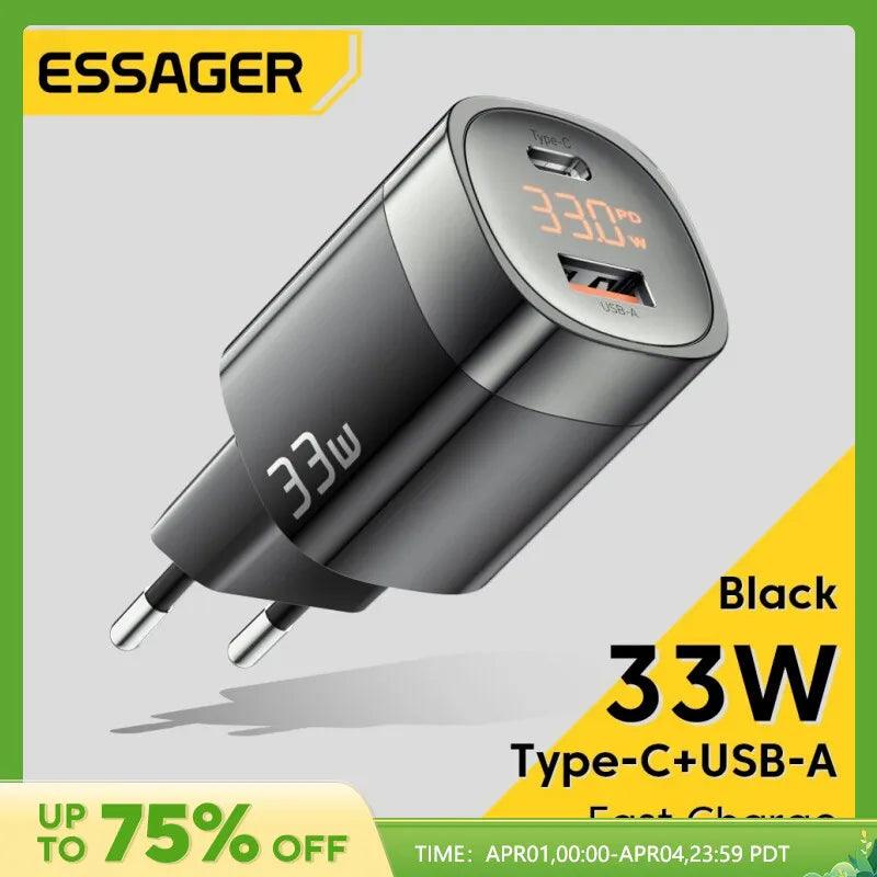 Essager 33W GaN USB C Charger Digital Display PD Fast Charging For iPhone 13 12 Max Pro iPad For Xiaomi Poco Samsung Charger Es - Laranja e Tangerina