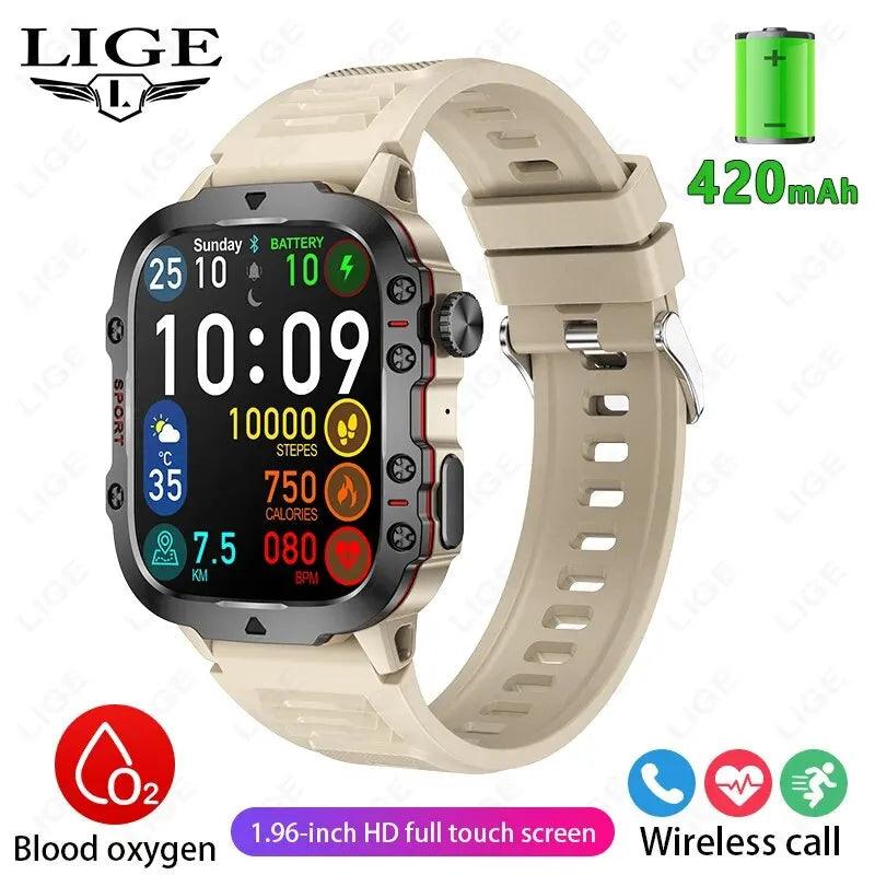 LIGE New Smart Watch 1.96 Inch Screen 420 MAh Bluetooth Call Voice Assistant Watch Sports Fitness Waterproof Smartwatch For Men - Laranja e Tangerina