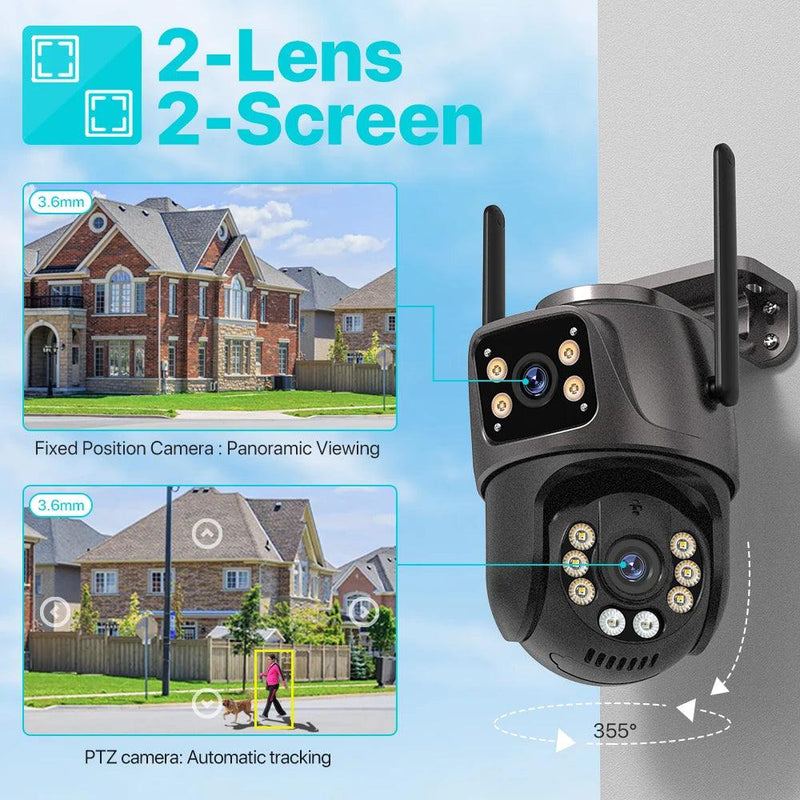 4K 8MP HD Wifi PTZ Camera Outdoor 4MP Dual Lens Dual Screen AI Auto Tracking IP Camera CCTV Audio Video Surveillance P2P iCSee - Laranja e Tangerina