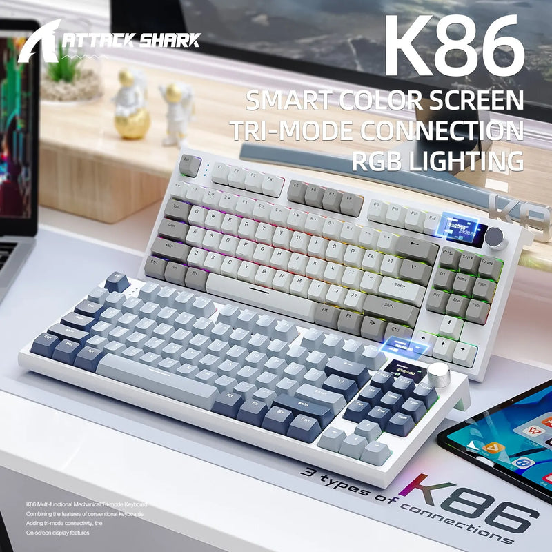 K86 Wireless Hot-Swappable Mechanical Keyboard Bluetooth/2.4g With Display Screen and Volume Rotary Button for Games and Work - Laranja e Tangerina