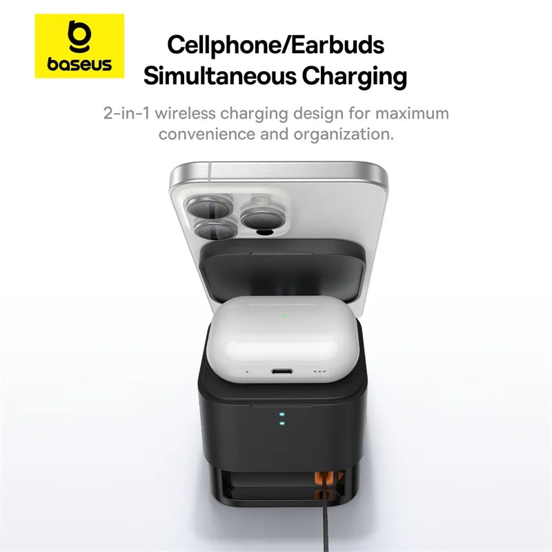 Baseus 25W 2 in 1 Magnetic Wireless Charger Stand 15W Fast Charging Dock Station With Retractable Cable For iPhone15 14 Airpod - Laranja e Tangerina