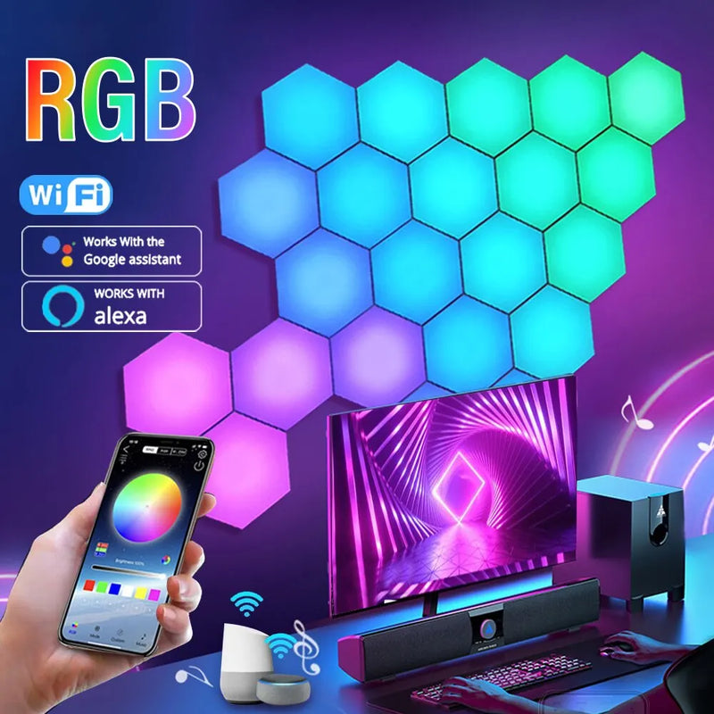 RGB Intelligent Hexagonal Wall Lamp Color-changing Ambient Night Light DYI Shape Music Rhythm APP Control For Game Room Bedroom - Laranja e Tangerina