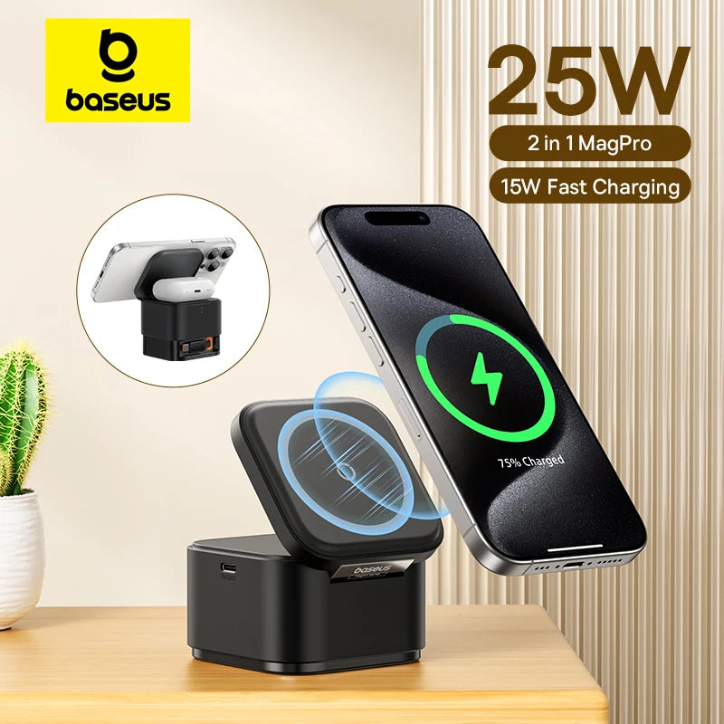 Baseus 25W 2 in 1 Magnetic Wireless Charger Stand 15W Fast Charging Dock Station With Retractable Cable For iPhone15 14 Airpod - Laranja e Tangerina